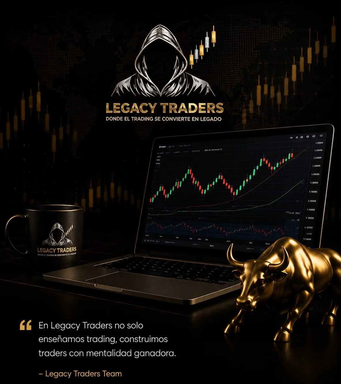 Escritorio de trading de Legacy Traders con gráfico de velas, taza con el logo y un toro dorado